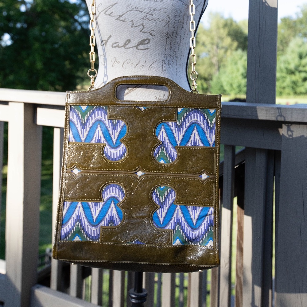 Tory Burch Tote Ikat Fabric with Olive Patent Leather trim